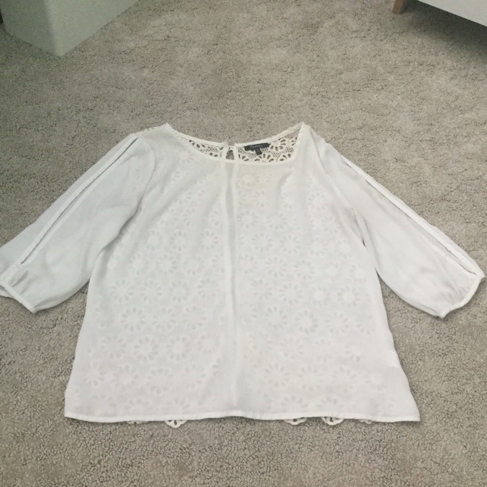 Monteau Crochet Button Back Open Sleeve White Top Size Small Boho Spring Summer
